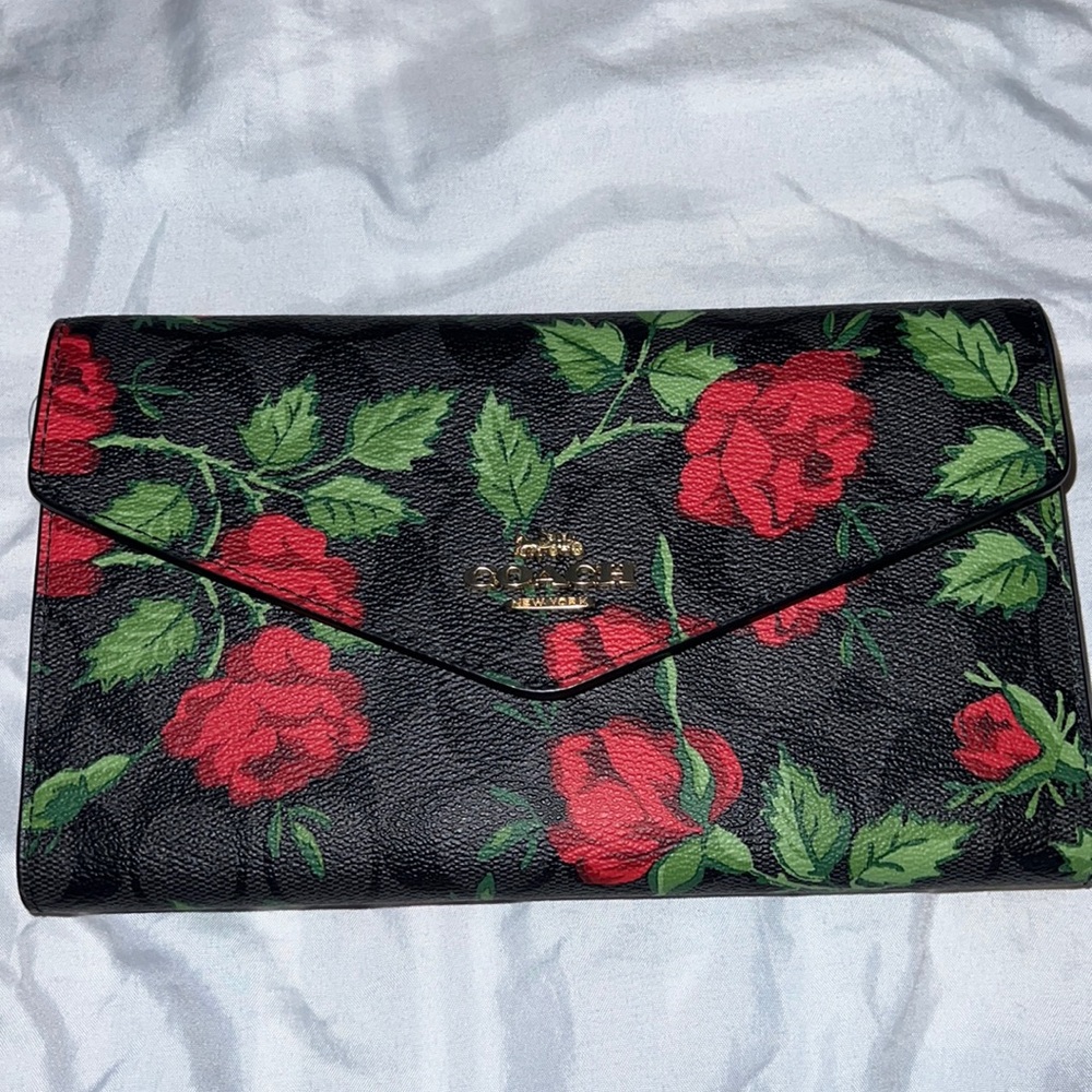 NEW Coach travel envelope wallet in signature canvas with fairytale Rose print